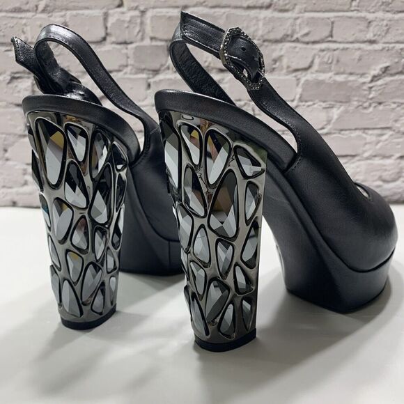 Nando Muzi Women’s Italian Leather Open Toe Jeweled Heels Pumps 36.5 Black - Picture 5 of 16